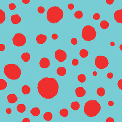 Seamless pattern with red polka dots on a blue background.