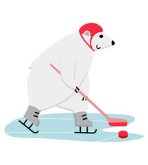 Polar bear ice hockey player. Funny mascot skating with stick and puck in attack.