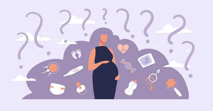 Banner about the psychological support of a woman during pregnancy, doubts and fears of pregnant women, problems of families with newborn children. Flat vector illustration.