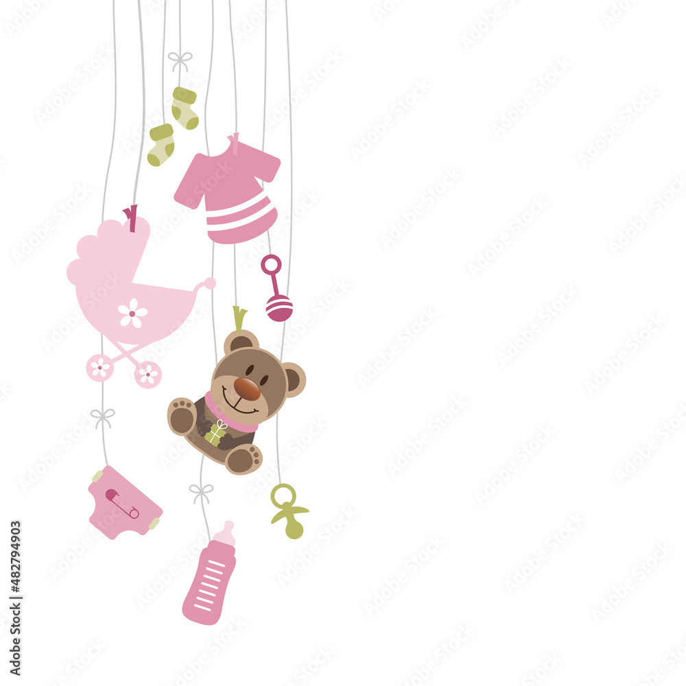 Wall mural Links Hängende Babysymbole Mädchen Mit Teddy Rosa Olivgrün