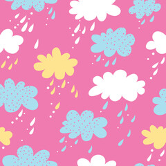 Seamless vector pattern with clouds and rain on a pink background.