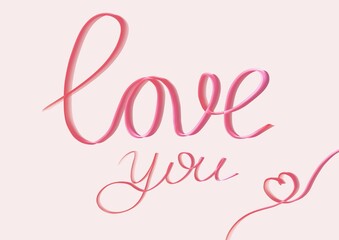 Word and inscription love you with heart written rose color in calligraphic handwriting on pink background.