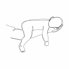 Continuous one simple single abstract line drawing of newborn on hand ​in silhouette on a white background. Linear stylized