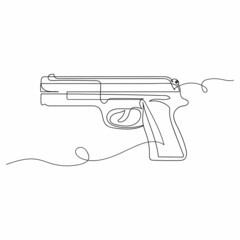 Continuous one simple single abstract line drawing of pistol gun in silhouette on a white background. Linear stylized.