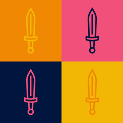Pop art line Medieval sword icon isolated on color background. Medieval weapon. Vector