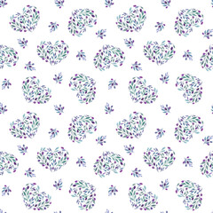Romantic seamless pattern with hearts of floral ornament of lilac, blue colors. Happy Valentine's Day.