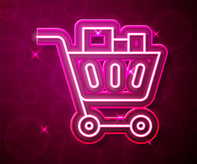 Glowing neon line Shopping cart and food icon isolated on red background. Food store, supermarket. Vector