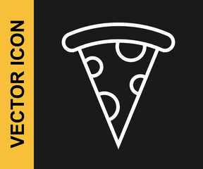White line Slice of pizza icon isolated on black background. Fast food menu. Vector