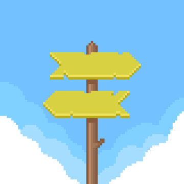 colorful simple vector flat pixel art illustration of cartoon wooden path sign pole with blank arrows indicating the direction to the right and left