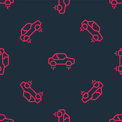 Red line Fantastic flying car icon isolated seamless pattern on black background. Hover car future technology future transport. Vector