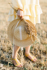 Caucasian young brunette walking through a wheat field. girl in yellow summer dress and straw hat. sheared golden ears of wheat, rye. Close-up portrait of a beautiful girl with brown eyes. 