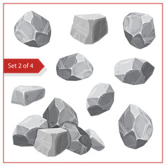 set of gray granite stones, rocks or boulders isolated on white background. Cartoon flat illustration. Great for Ui game design. Element of nature, mountains, caves. Mineral and cobble vector clip art