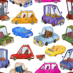 Seamless pattern with cartoon cars. Comic transportation set. Colourful transport wallpaper. Watercolor illustration