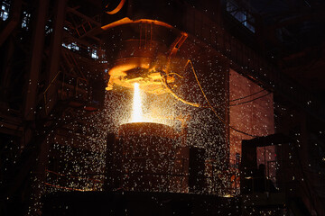 Ingot casting, casting foundry. Ladle-furnace. Iron smelting, Steel production. Electric steel furnace. Metallurgy. Industry steel production. 