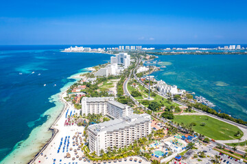 Aeria view of the complex of hotels and beaches on the shores of the Gulf of Mexico in Cancun, Zona Hoteliera. Caribbean coast, Yucatan, Mexico