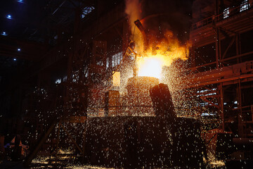 Ingot casting, casting foundry. Ladle-furnace. Iron smelting, Steel production. Electric steel furnace. Metallurgy. Industry steel production. 