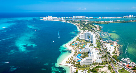 Aeria view of the complex of hotels and beaches on the shores of the Gulf of Mexico in Cancun, Zona...