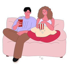 Watching movies vector illustration in line filled design