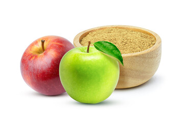 Apple pectin fiber powder in wooden bowl and fresh red and green apple with leaf isolated on white background.