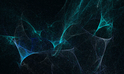 Aqua turquoise 3d fibers in dynamic motion creating swirl and twirls, veil, cobweb, membrane. Fantastic digital essence or substance great as background, packaging cover, electronic devices design. 