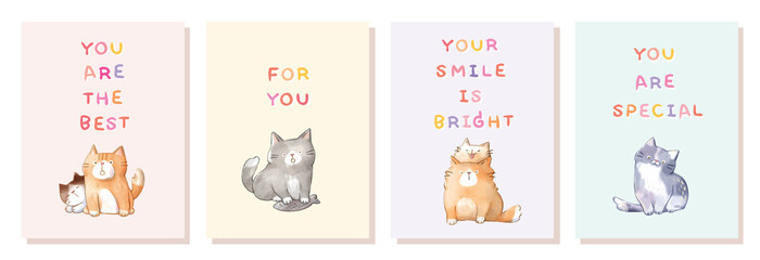 Vector Illustration of Cute Cat Postcard Set 