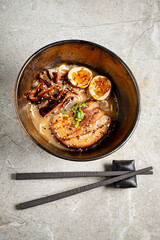 Ramen noodle bowl with pork meat and vegetables, japan traditional lunch