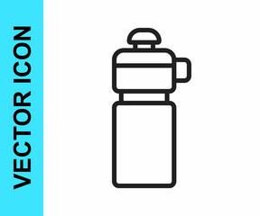 Black line Fitness shaker icon isolated on white background. Sports shaker bottle with lid for water and protein cocktails. Vector