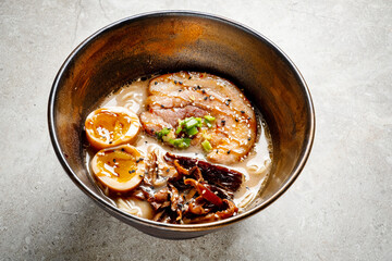 Ramen noodle bowl with pork meat and vegetables, japan traditional lunch