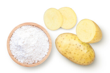 Potato starch (ground potato) in wooden bowl and fresh potatoes with slice isolated on white background. 