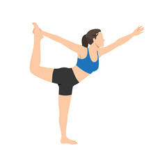 Woman doing lord of the dance pose natarajasana exercise. Flat vector illustration isolated on white background