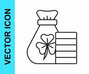 Black line Money bag with clover trefoil leaf icon isolated on white background. Happy Saint Patricks day. National Irish holiday. Vector