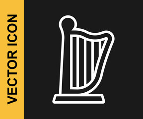 White line Harp icon isolated on black background. Classical music instrument, orhestra string acoustic element. Vector