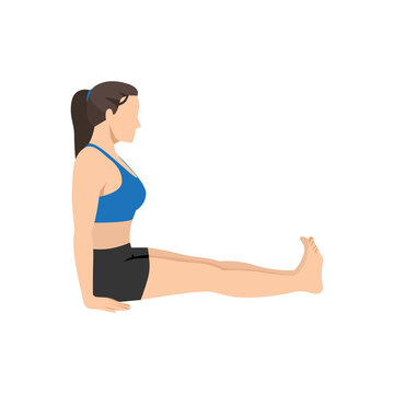 Woman doing staff pose dandasana exercise. Flat vector illustration isolated on white background