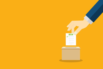 Hand holding voting ballot and ballot box. Voting and election concept. Ballot Box Icon. Vector illustration.	