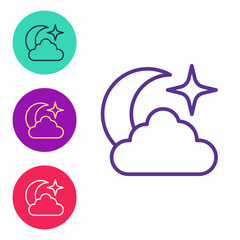Set line Moon and stars icon isolated on white background. Cloudy night sign. Sleep dreams symbol. Full moon. Night or bed time sign. Set icons colorful. Vector