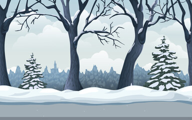 seamless winter forest landscape. endless parallax game background with snowy fir, trees, snow drifts, road and cloudy sky. cartoon woodland illustration. horizontal scenic winter panorama for design