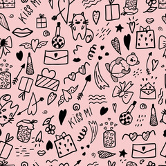 Seamless illustration with doodle elements for Valentine's Day. Festive wrapping or wallpaper. Vector illustration on a pink background.