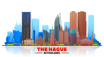 Obraz premium The Hague (The Netherlands) skyline with panorama in white background. Vector Illustration. Business travel and tourism concept with modern buildings. Image for banner or website