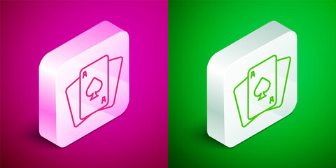 Isometric line Playing cards icon isolated on pink and green background. Casino gambling. Silver square button. Vector