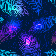 Peacock feathers. Colorful seamless pattern. Vector illustration.