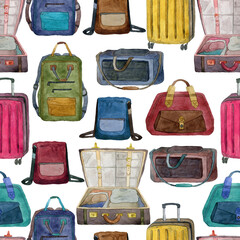 Seamless pattern with bags, suitcases, backpacks. Baggage accessory wallpaper. Watercolor illustration