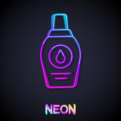 Glowing neon line Bottle of shampoo icon isolated on black background. Vector