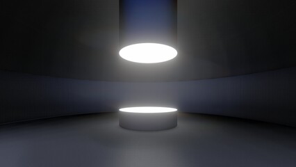 Futuristic interior background glowing round podium in black space 3d render