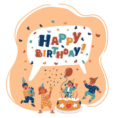 Vector illustration of kids with birthday cake. Celebrate birthday