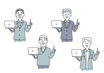 ノートパソコンを手に説明をする男性のセット　コミカルな手書きの人物　ベクター、線画にシンプルな色つけ