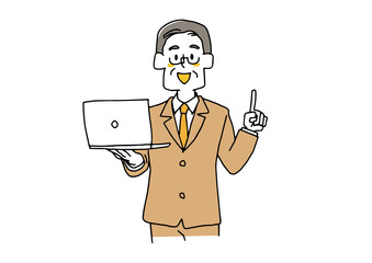 ノートパソコンを手に説明をする中年男性　コミカルな手書きの人物　ベクター、線画にシンプルな色つけ