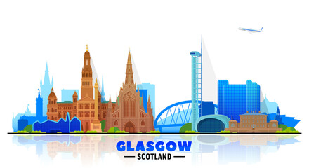 Glasgow Scotland (UK) skyline with panorama at sky background. Vector Illustration. Business travel and tourism concept with modern buildings. Image for banner or website.
