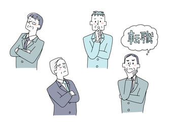 考えている中年のビジネスマンのセット　吹き出しと転職の文字　コミカルな手書きの人物　
