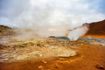 Fumarole field in Namafjall geothermal zone Iceland. Famous tourist attraction