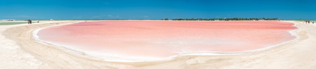 Pink lake with white salt near the shore. In the background, a salt factory against a blue sky. Las...
